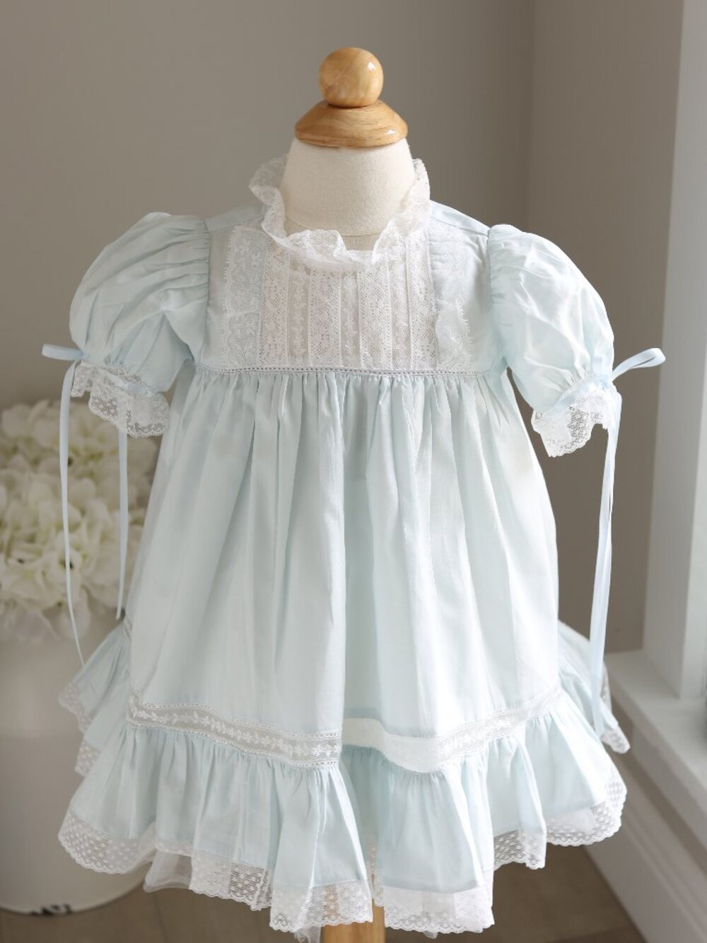 Blue Heirloom Lacy Dress Lace Inlays Satin Ribbon Flower Girl Heirloom Portrait